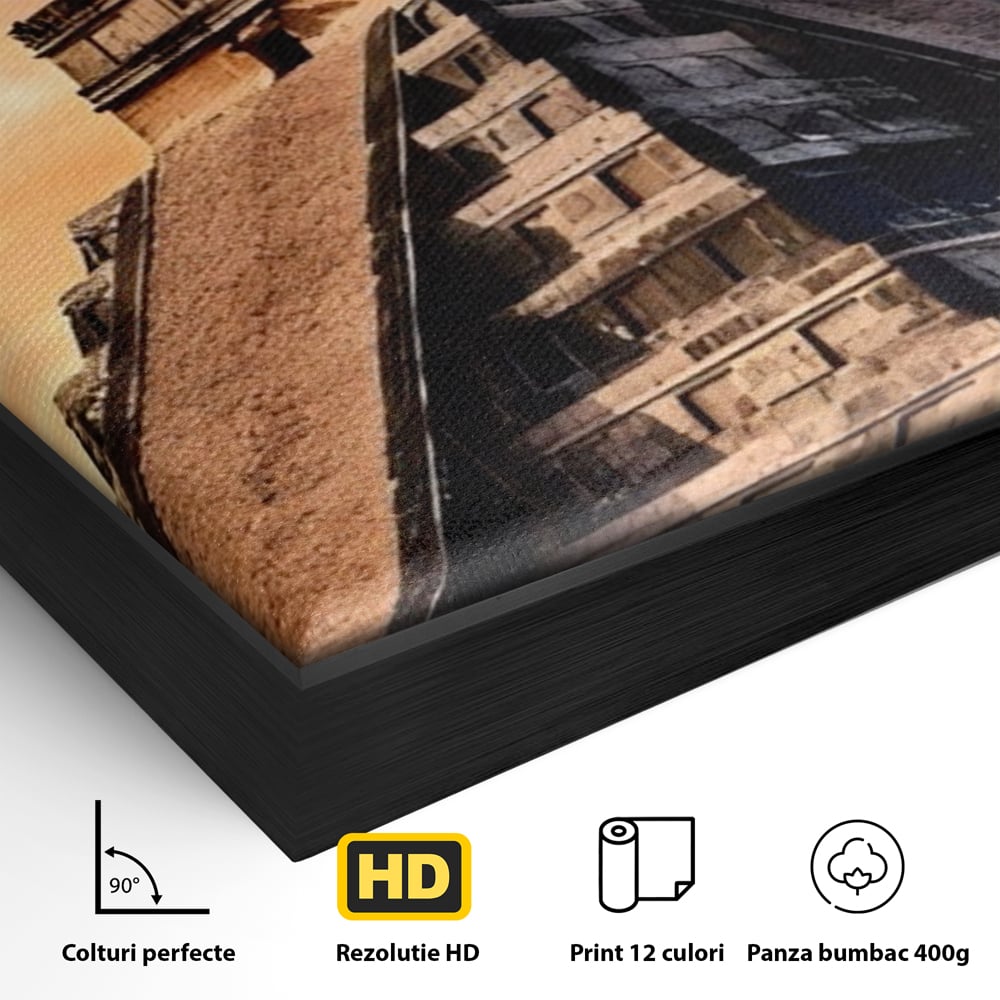 Detaliu al suprafetei: tablou canvas cu piramida mayasa, in rama de aluminiu negru